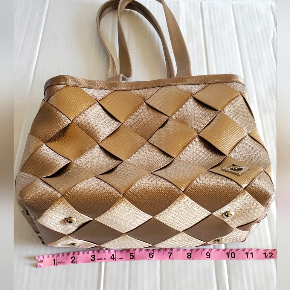 Maggie Bags Tan Colored Recycled Seatbelts Criss Cross pattern basket style bag